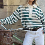 Autumn Loose Striped Polo Collar Long Sleeve Top