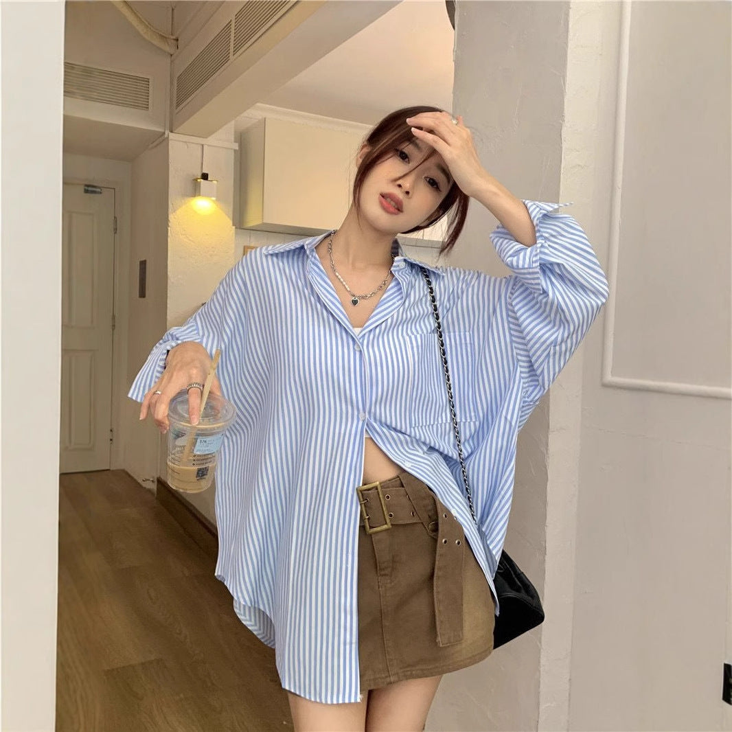 Striped Cardigan Outer Wear Women's Long-sleeved Sunscreen Shirt