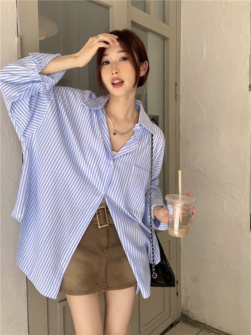 Striped Cardigan Outer Wear Women's Long-sleeved Sunscreen Shirt