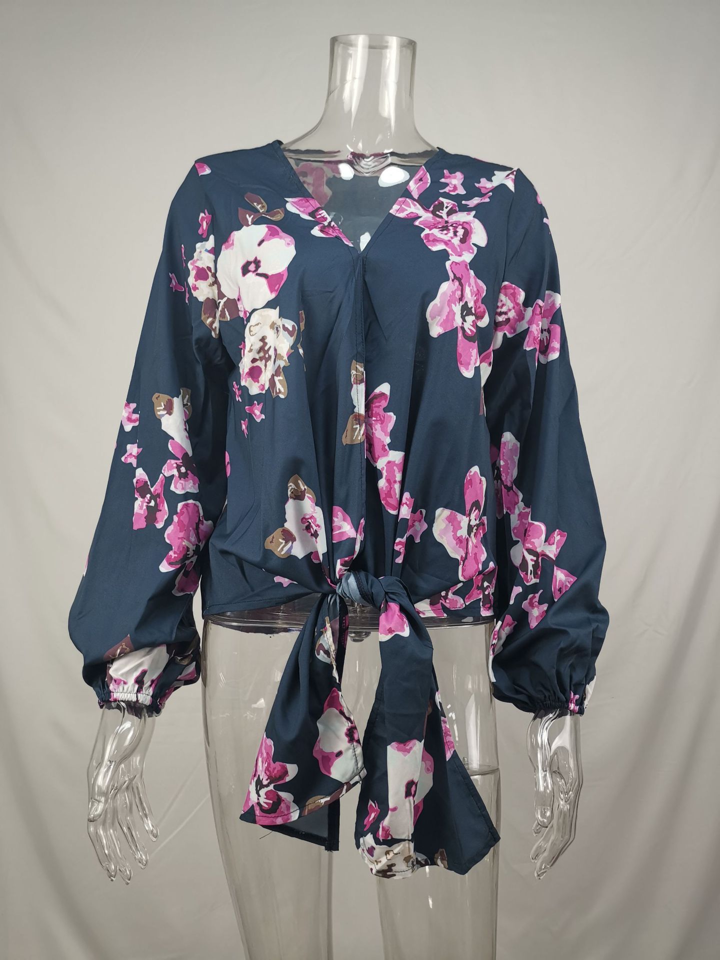 Fashion Shirt V-neck Long Sleeve Knotted Vintage Print Top For Women