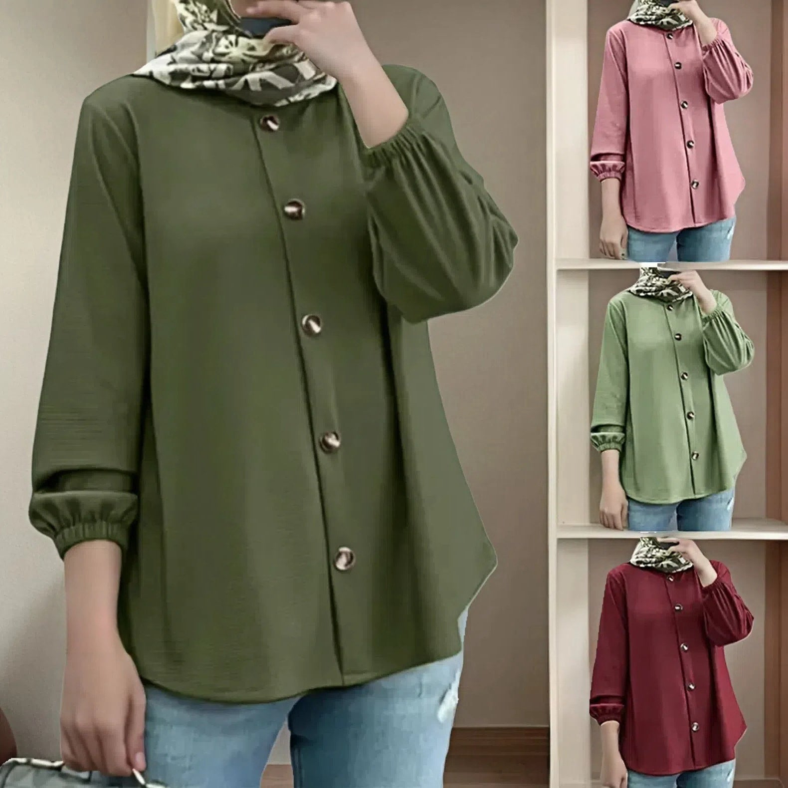 New Round Neck Long Sleeve Cuff Blouse