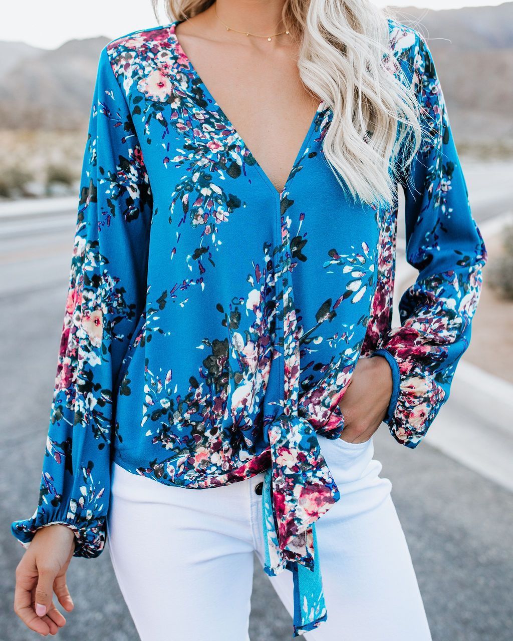 Fashion Shirt V-neck Long Sleeve Knotted Vintage Print Top For Women