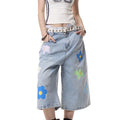 American Vintage Small Flower Loose Straight-leg Denim Cropped Pants For Women