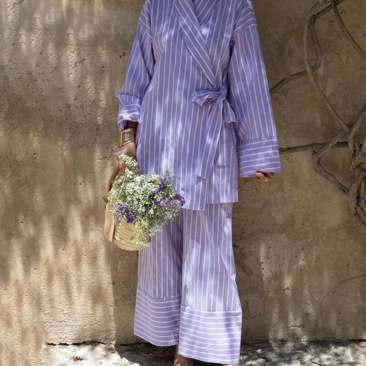 Casual Striped Cross Design Lace-up Long Sleeve Top Wide Leg Pants Two-piece Set