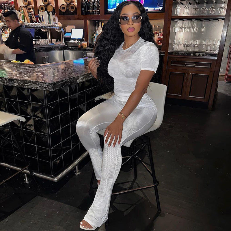 Cross-border European And American Foreign Trade 2024 Fall Women's Clothing New Slim Fit Figure Flattering Short Sleeve Top High Waist Casual Trousers Suit