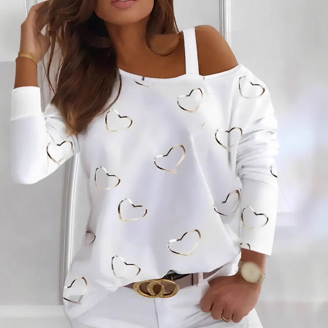 Heart Printing Women's Strapless Sexy Pullover Long Sleeve T-shirt